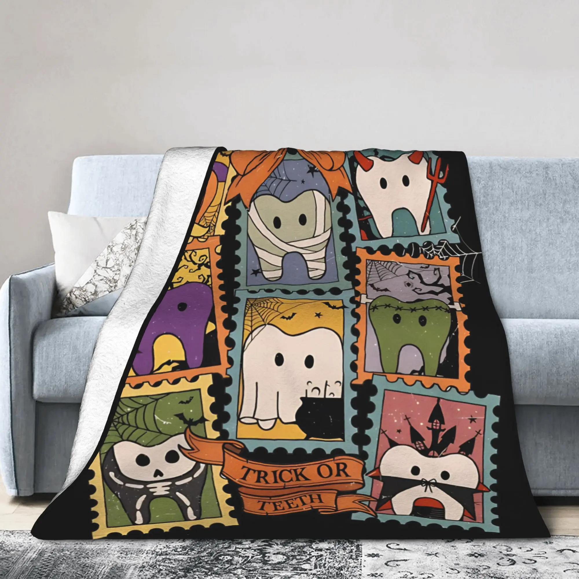 Trick or Teeth Dentist   Blanket Cover Flannel Cartoon Teeth Helloween Super Warm Throw Blankets for Car Sofa Couch Bedspread