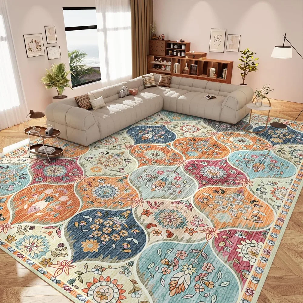 

Vintage Washable Rug- Machine Washable Floral Area with Non Slip Backing for Living Room Bedroom Dining Room Stain Resistant