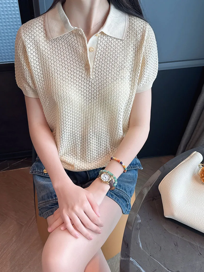 

Retro irt Knitted Hollow out ort Sve Pine Pattern White Enhancing MU Series for Young Girls Summer Casual