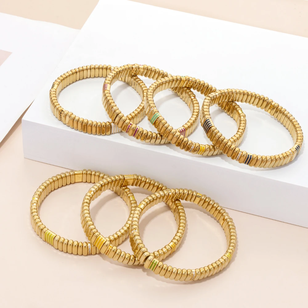 2023 New Trendy 2X8MM Gold Color Bracelets For Women Inlaid Diamond Zirconia Charm Elastic Bangle Beads Jewelry