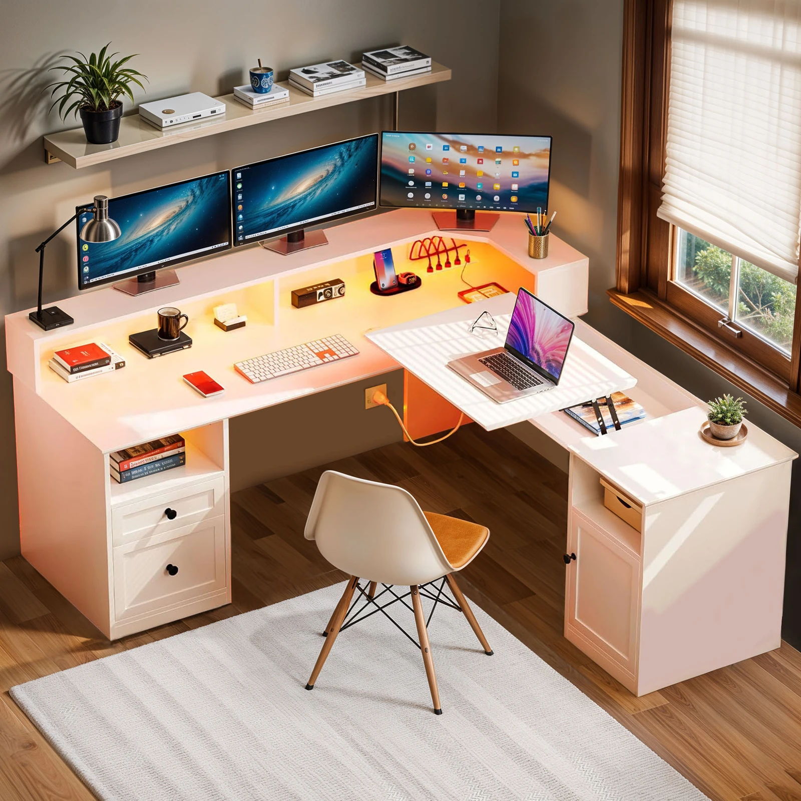 

59" Corner L-Shaped Office Computer Desk Lift Top Table Storage Drawer LED Light