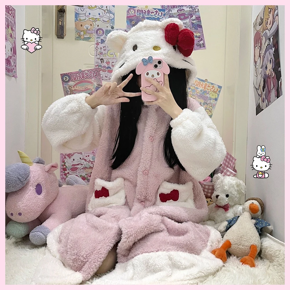 

Женская пижама Miniso Hello Kitty с рисунком Sanrio, осенне-зимняя коралловая бархатная юбка для сна, теплая плотная домашняя повседневная одежда для девочек