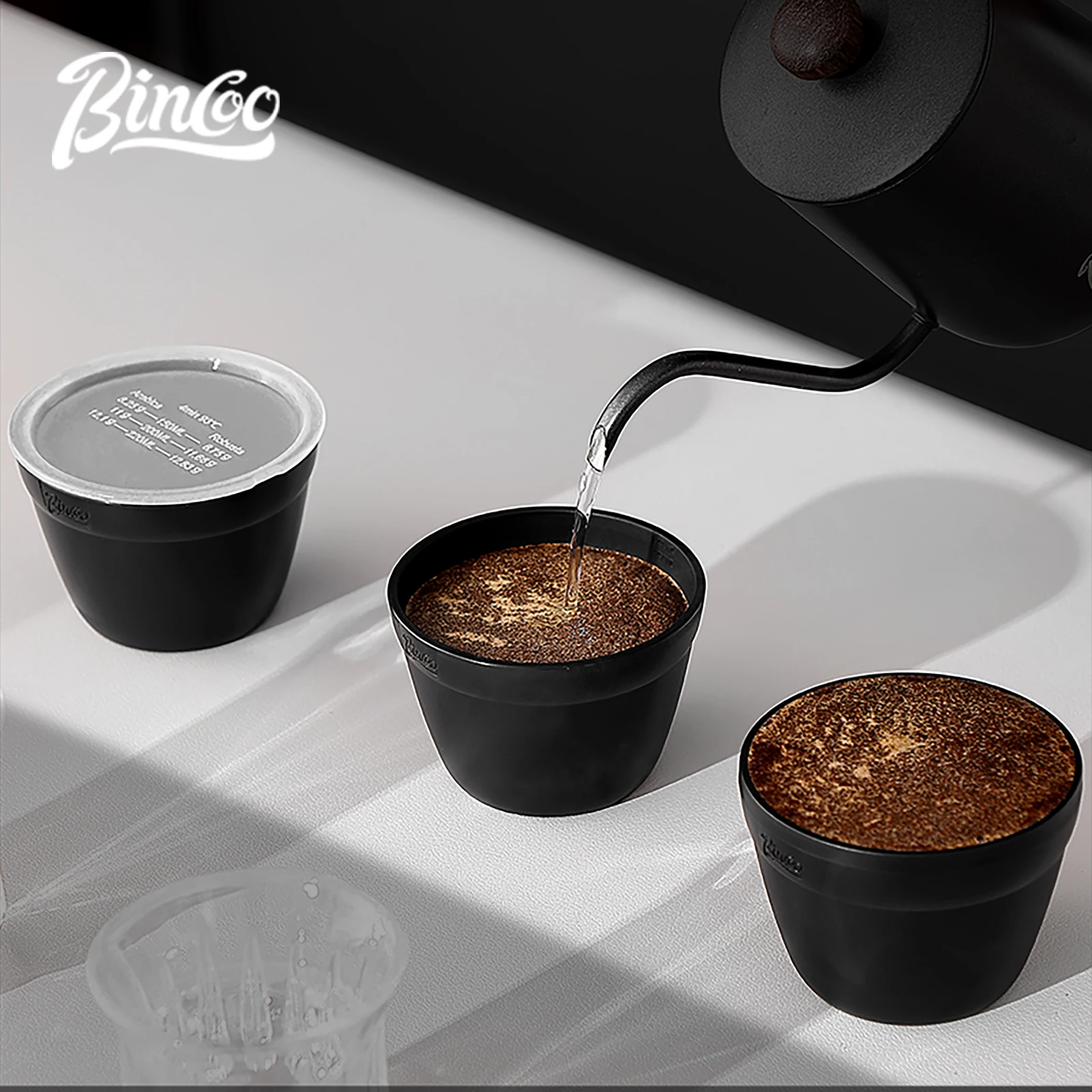 Bincoo Cupping Set with Lid & Spoon – Stackable Large PP Tasting Bowl, Black White Style, Professional Coffee Cupping Tool