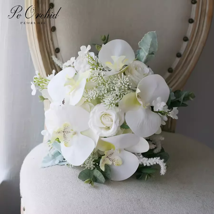 PEORCHID Ramo Artificiales Boda White Orchid Bridal Boquet For Wedding Flower Bouquet Bridesmaid Rose Bouquet Decoracions