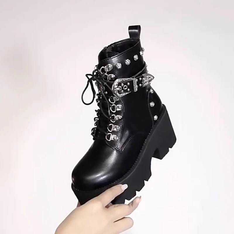 

Thick Bottom Riding Boots Women's High Top Height Increasing Motorcycle Boots Punk Fashion Goth Female Platform Ankle Boots