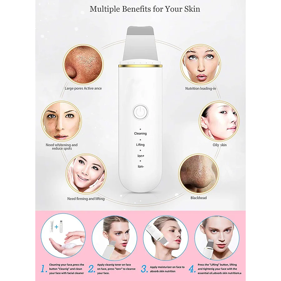 Ultrasonic facial cleanser - USB rechargeable, vibrating facial scraping device that can remove blackheads, lift and tighten,