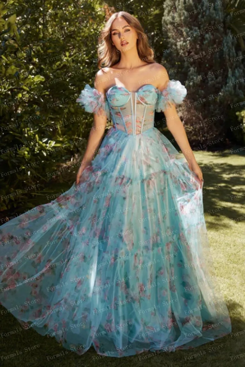 FORMALS Ethereal Off Shoulder Blue Flowers Printed Evening Dress Ruffled Layered Tulle A-line Prom Dresses Custom Made Gowns