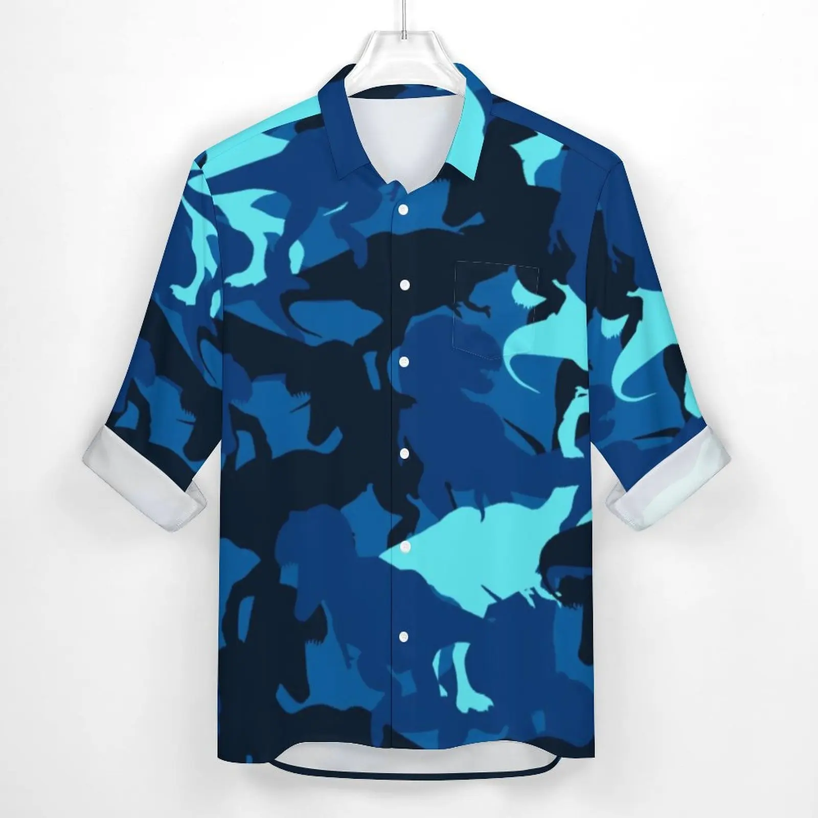 Blue Dinosaur Camouflage Shirt Abstract Animal Casual Shirts Long Sleeve Graphic Y2K Blouses Autumn Cool Oversize Top