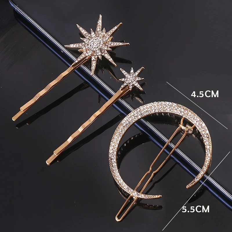 New Cross Geometric Stars Moon Rhinestone Hair Clip Set Snowflake Star bride Hairpins Women Side Clip Hair Barrettes Accessories