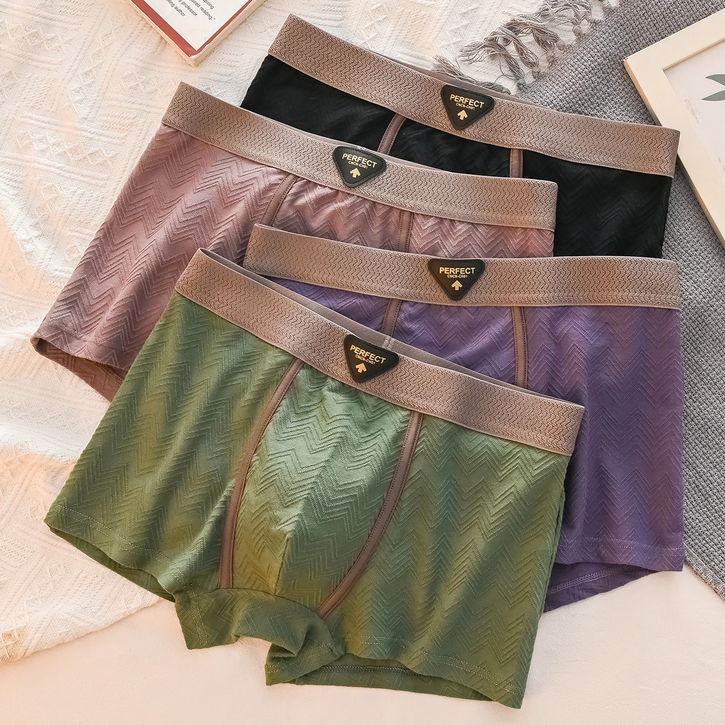 4Piece Men's Shorts Personalized Trendy Solid Color Boxer Shorts, Elastic And Comfortable Underwear, Men's Sports Underwear