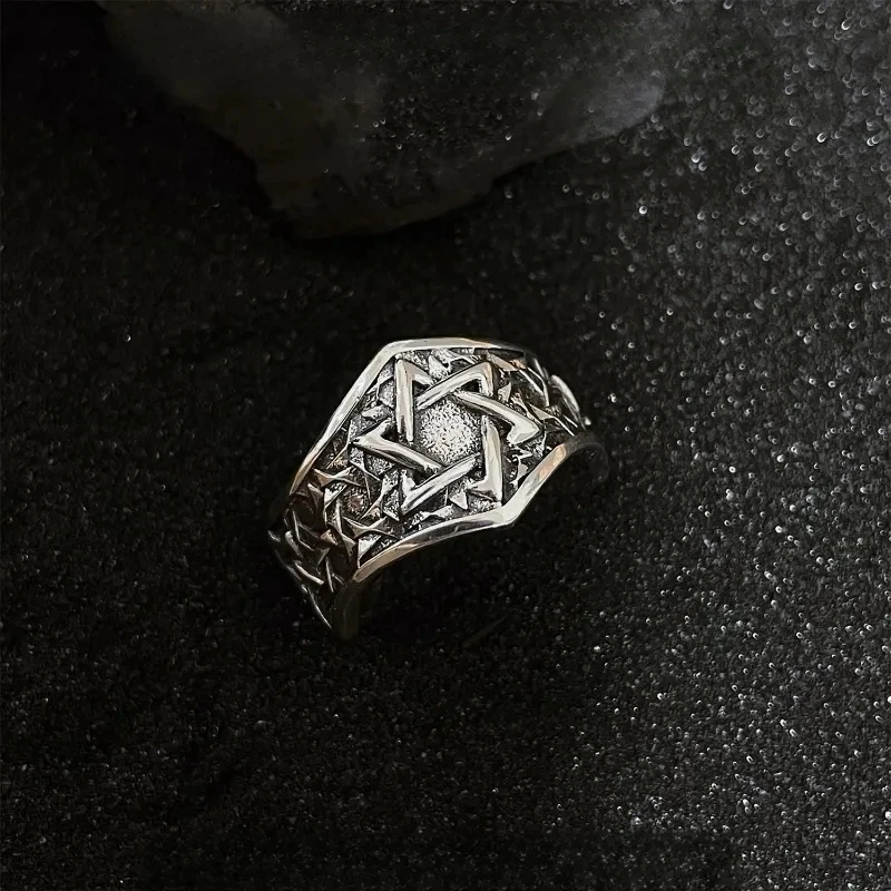 Six Pointed Star Opening Ring Niche Design High-end Retro Personality Fashionable and Versatile Daily Gift for Mature Mens Charm