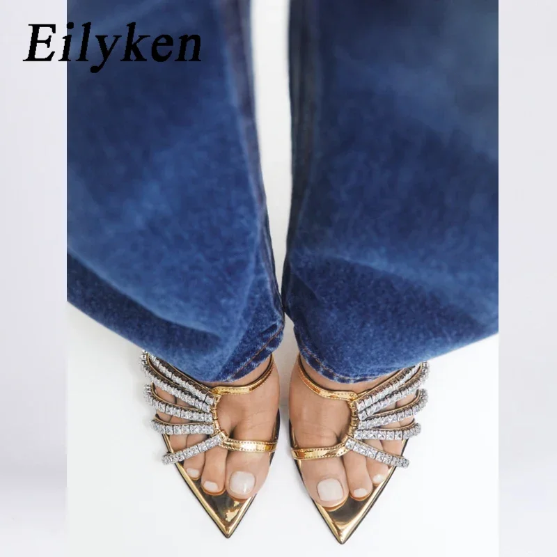 Eilyken Sexy Golden CRYSTAL Thin Heels Slipper Women Summer Fashion Narrow Band Pointed Toe Slides Stripper Sandal Mule Shoes