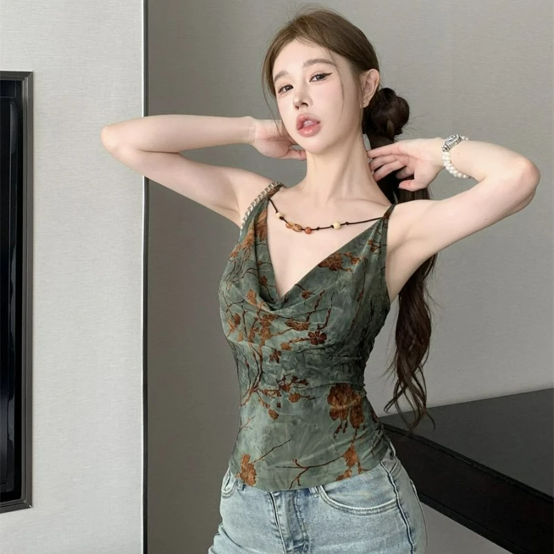 Retro Printed Bead Collar Camisole Tank Top for Women 2026 Summer Fashionable Sexy Slim Fit Sleeveless Short Top for Outerwear