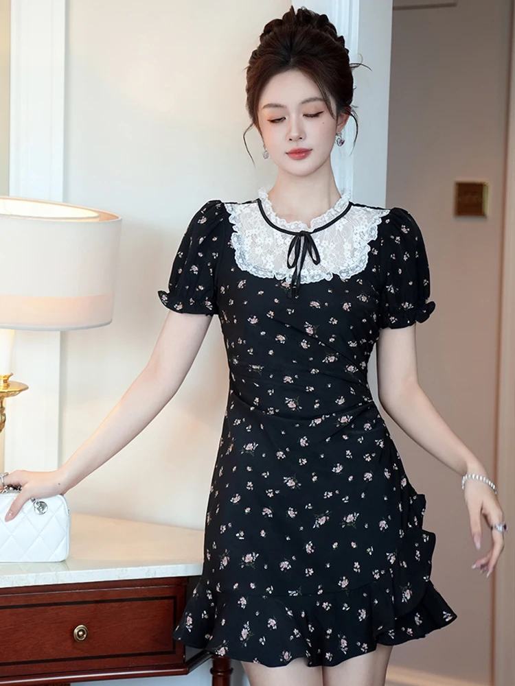 フレンチコーヒーブレイクレースパッチワーク黒花柄ドレスガーリッシュかわいいかわいい弓ショートガウン女性ストリートデート Vestidos 日常着