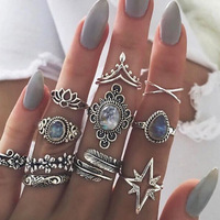11pcs/set Bohemia Vintage Silver Gothic Aesthatic Vintage Carved Feathers Flowers Leaves Butterfly Ring set for women