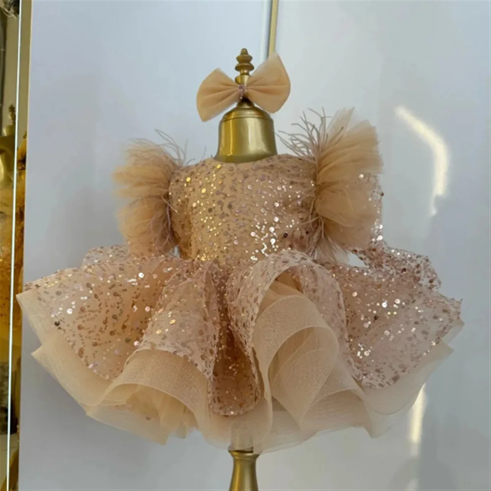 Abito da sposa per ragazza di fiori carino con piume di paillettes con fiocco Abito da principessa gonfio per festa di compleanno per bambini, abito da comunione personalizzato