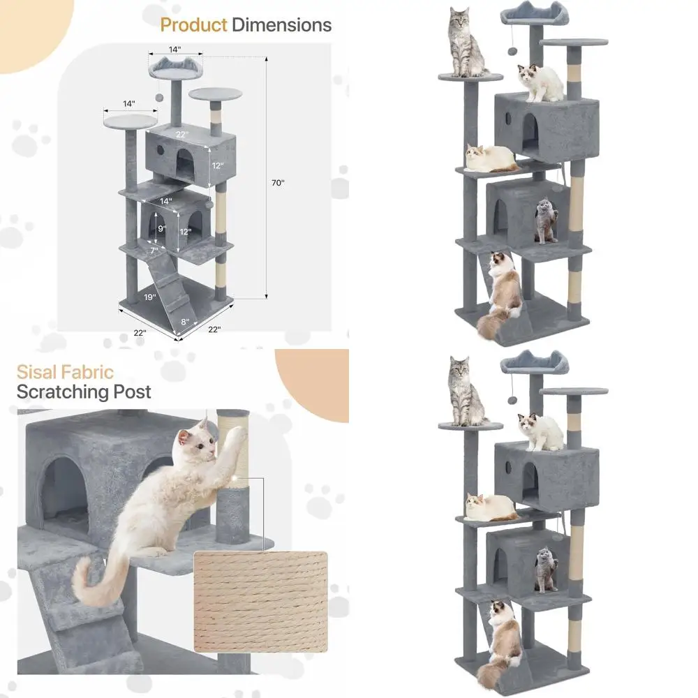 

Кошачье дерево для дома 70 дюймов с сизалевыми столбиками, 2 домиками, 3 лежанками - идеально для котят и активных игр, светло-серое