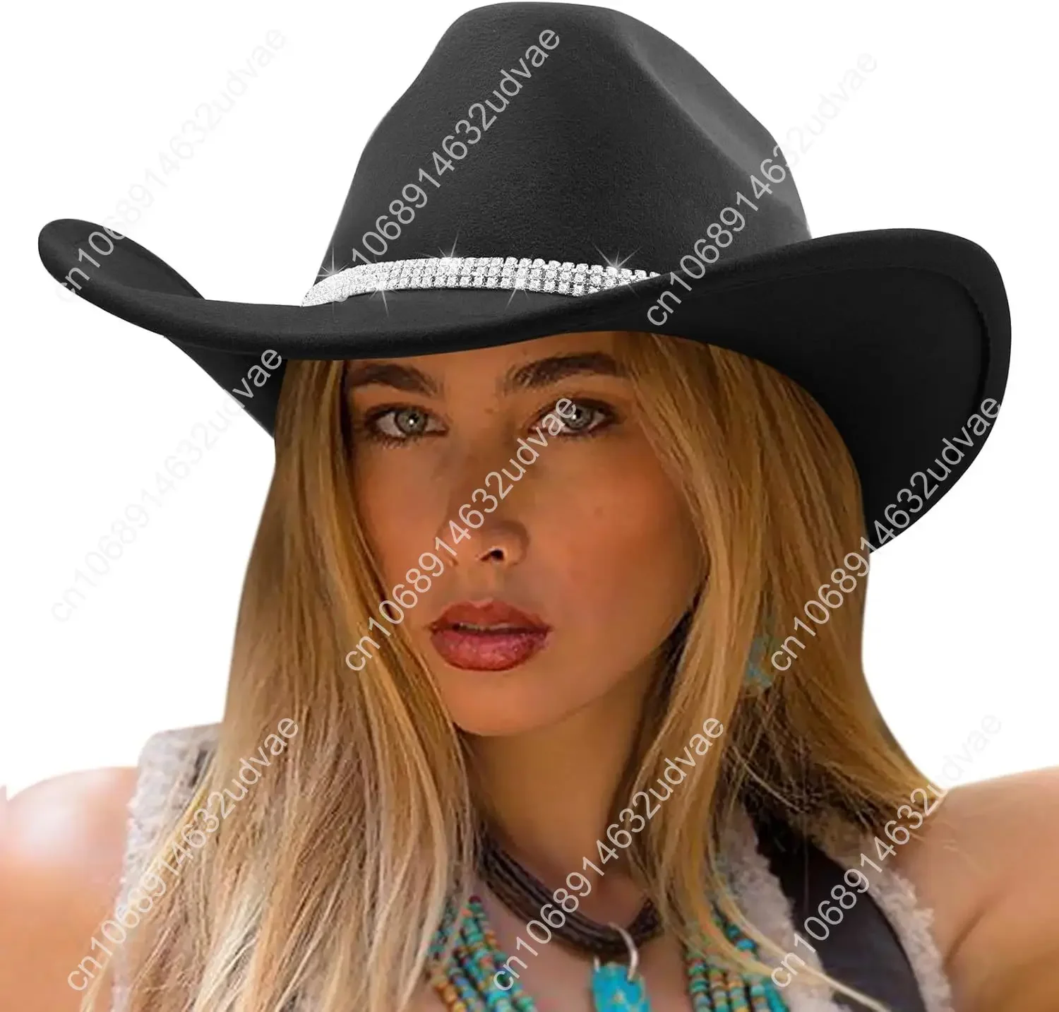 DRESHOW Glitter Cowboy Hat Classic Western Rhinestone Cowgirl Hat Outdoor Wide Brim Retro Felt Fedora Hats Rolled up Caps