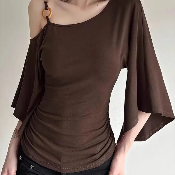 Retro Short Sleeve T-Shirt Women's Slim Fit Shoulder Design Spicy Girl Style Southeast Asia Trend Polyester Fabric Thickened