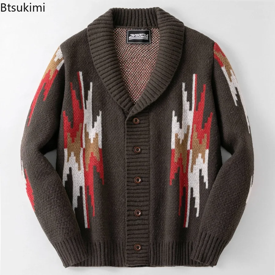 Vintage الجاكار الرجال طويلة الأكمام محبوك البلوزات جديد الخريف الشتاء التلبيب طوق سترة سترة رجل معاطف معطف شتاء غير رسمي #3