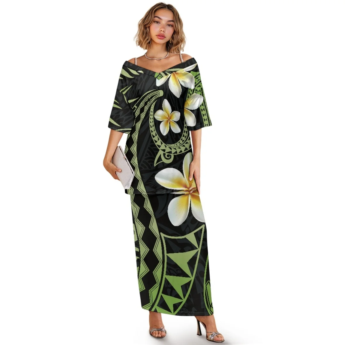 

V Neck Off Shoulder Half Sleeve Samoan Puletasi Polynesian Tribal Plumeria Party Dress 2 Piece Set Pacific Island Dresses Set