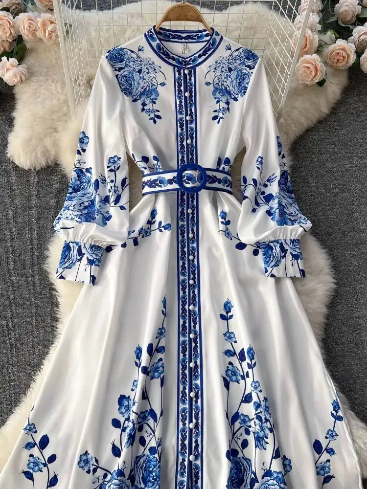 Vrouwen Elegant Blauw Gedrukt Lange Jurken Mode Lente Herfst Lange Mouw Jurk Dames Vintage A-lijn Feestjurk Vestidos