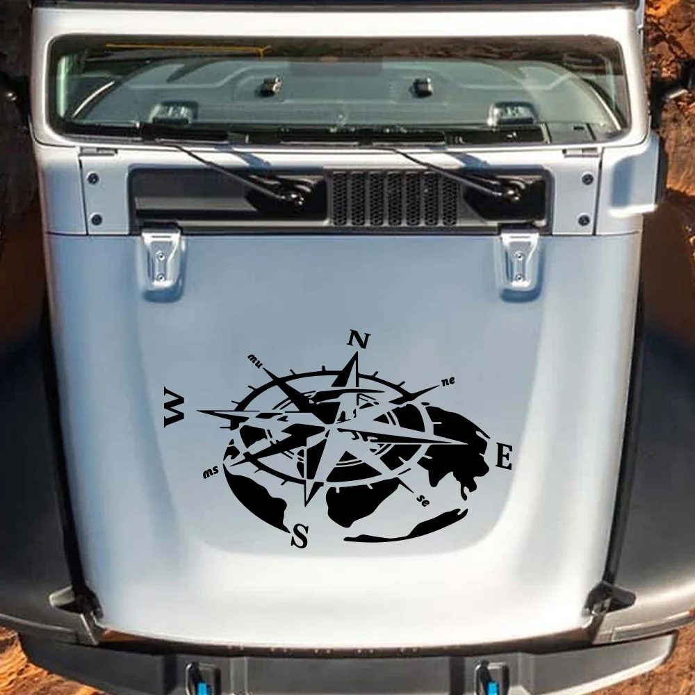 World Map Compass Car Engine Hood Sticker Adventure Travel Vinyl Decal Universal SUV Truck Bonnet Auto Exterior Decor Sticker