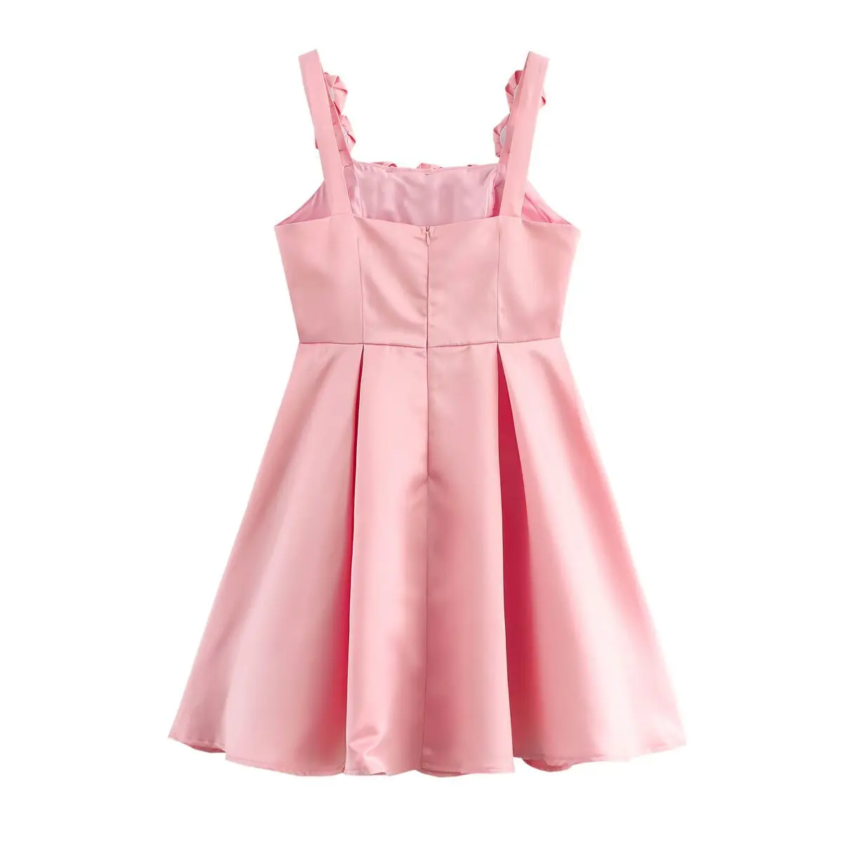Satynowa różowa sukienka 3D Flower Sweet Short Dress 2025 New Summer A-line Pleated Short Dress Square Collar High Waist Wedding Party Dress
