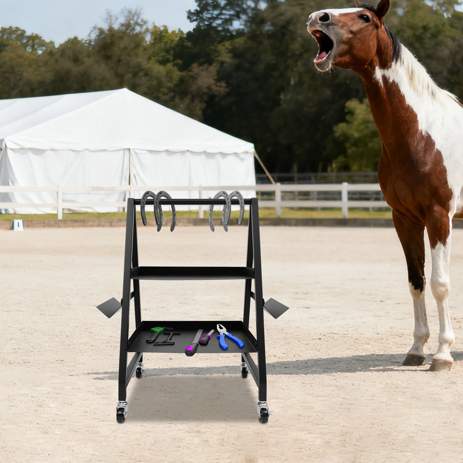 صندوق أدوات لعربة حديد الخيل بطبقتين مع عجلات، عربة أدوات Farrier شديدة التحمل، عربة أدوات مفيدة #2