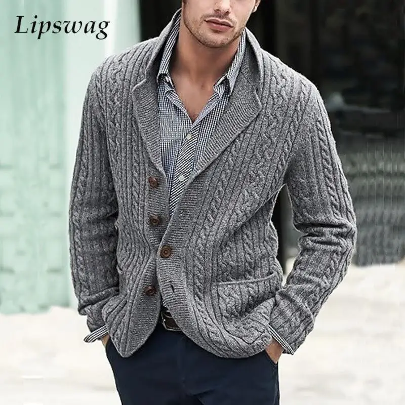 

Outdoor Casual Men's Sweater Cardigans Knitting Solid Color Twist Textured Sweatercoats Vintage Mens Buttoned Lapel Knit Jackets