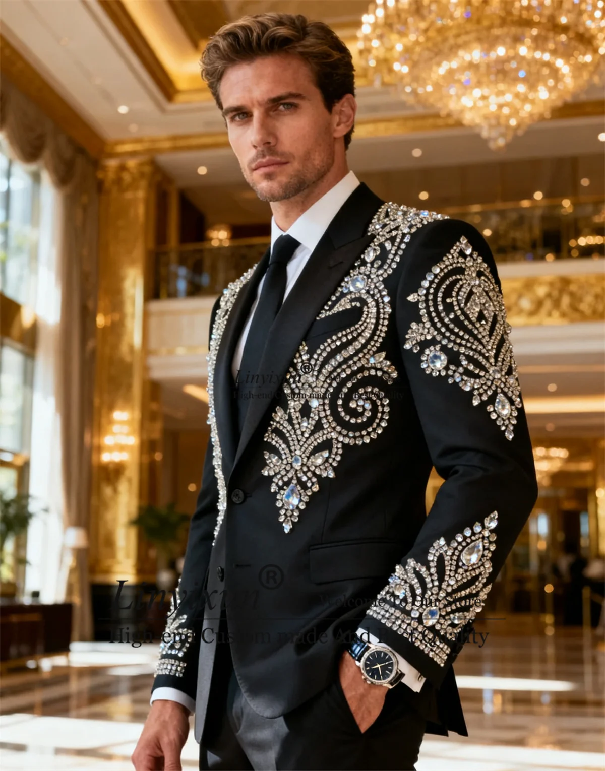 

Высококачественные мужские костюмы со стразами, комплекты из 2 предметов, мужские пиджаки для жениха, свадебные смокинги по индивидуальному заказу, облегающие красивые Ropa hombre