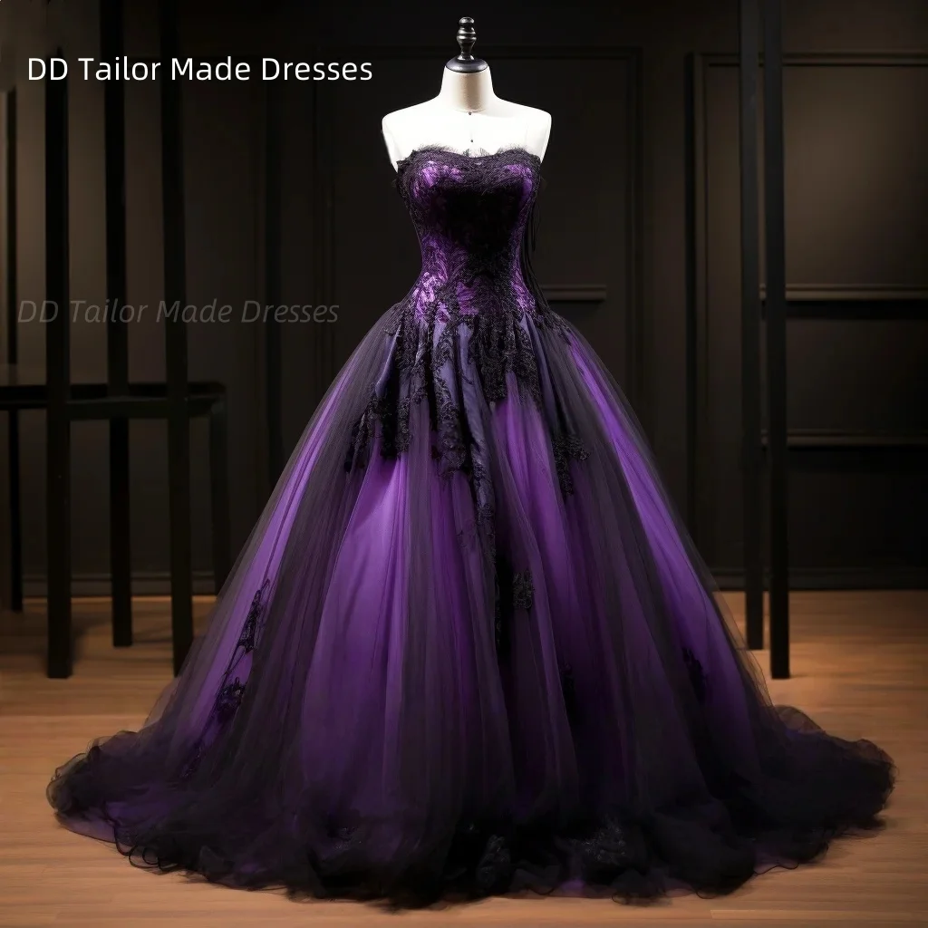 

Classic Black And Purple Wedding Dress Court Train Sweetheart Sleeveless Tulle Long Vintage Gothic Bride Gown Customized