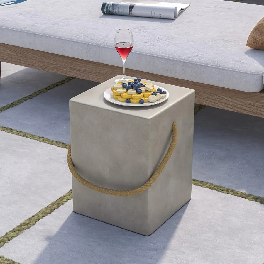 Table d'appoint rectangulaire en béton avec poignées en corde de chanvre pour une utilisation extérieure, table d'appoint de patio de 15 pouces et table basse d'appoint idéale pour G