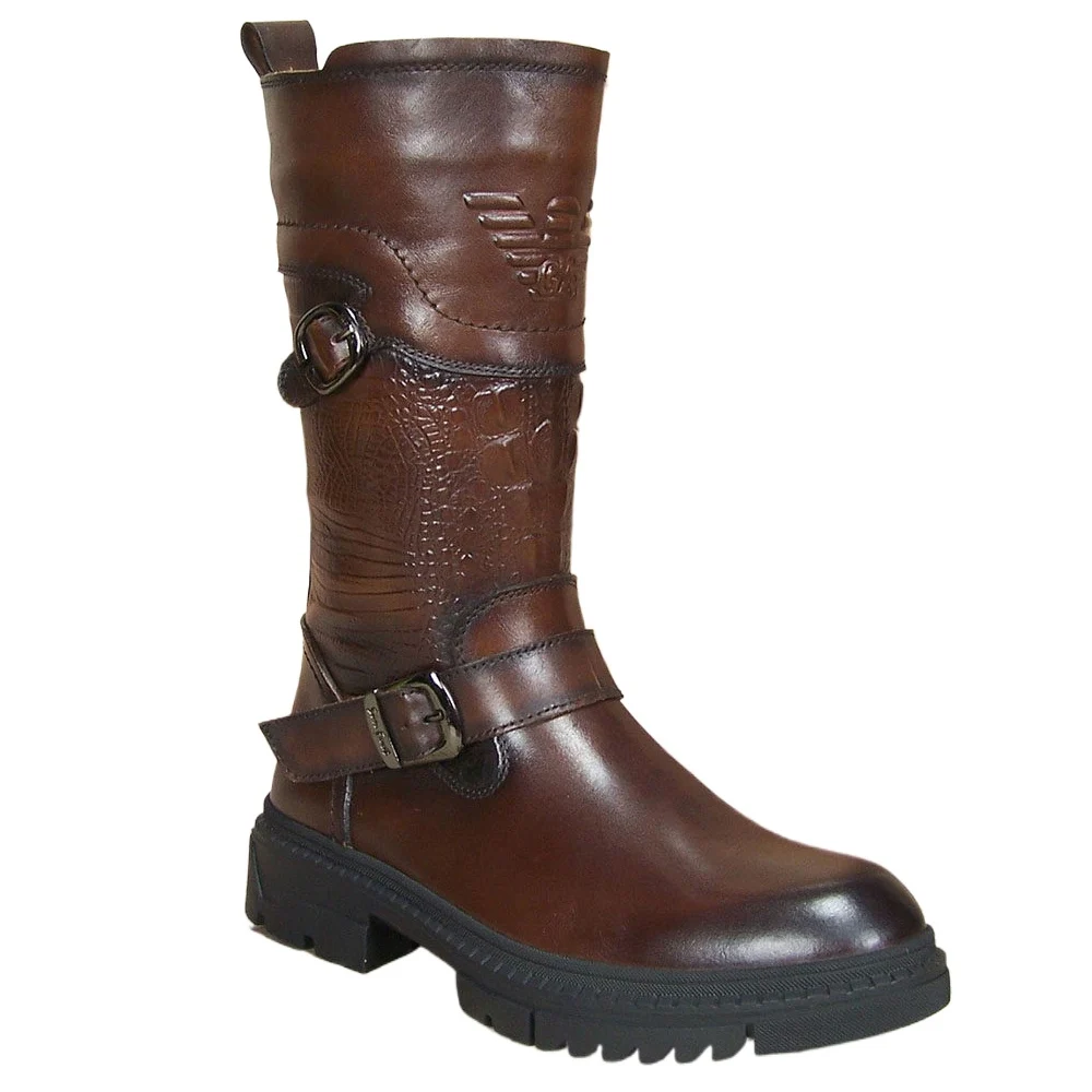 Fashion Men's Genuine Leather Equestrian Boots Guard of Honor Horse Riding Boots Mid-calf Zipper Brown Outdoor Motorcycle Shoes