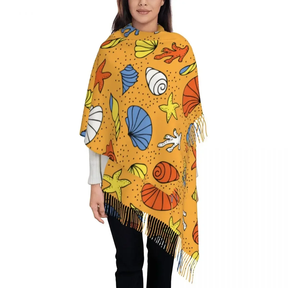 

Sea Ocean And River Shells fish Corals On The Sand Women's Tassel Shawl Scarf Fashion