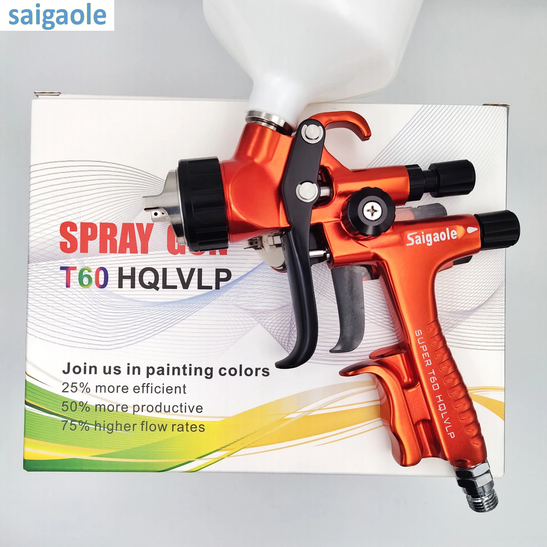 Car Painting  Paint Spray gun Saigaole High-end Upper kettle T60 Varnish Sheet metal High atomization Spray gun Pneumatic tool