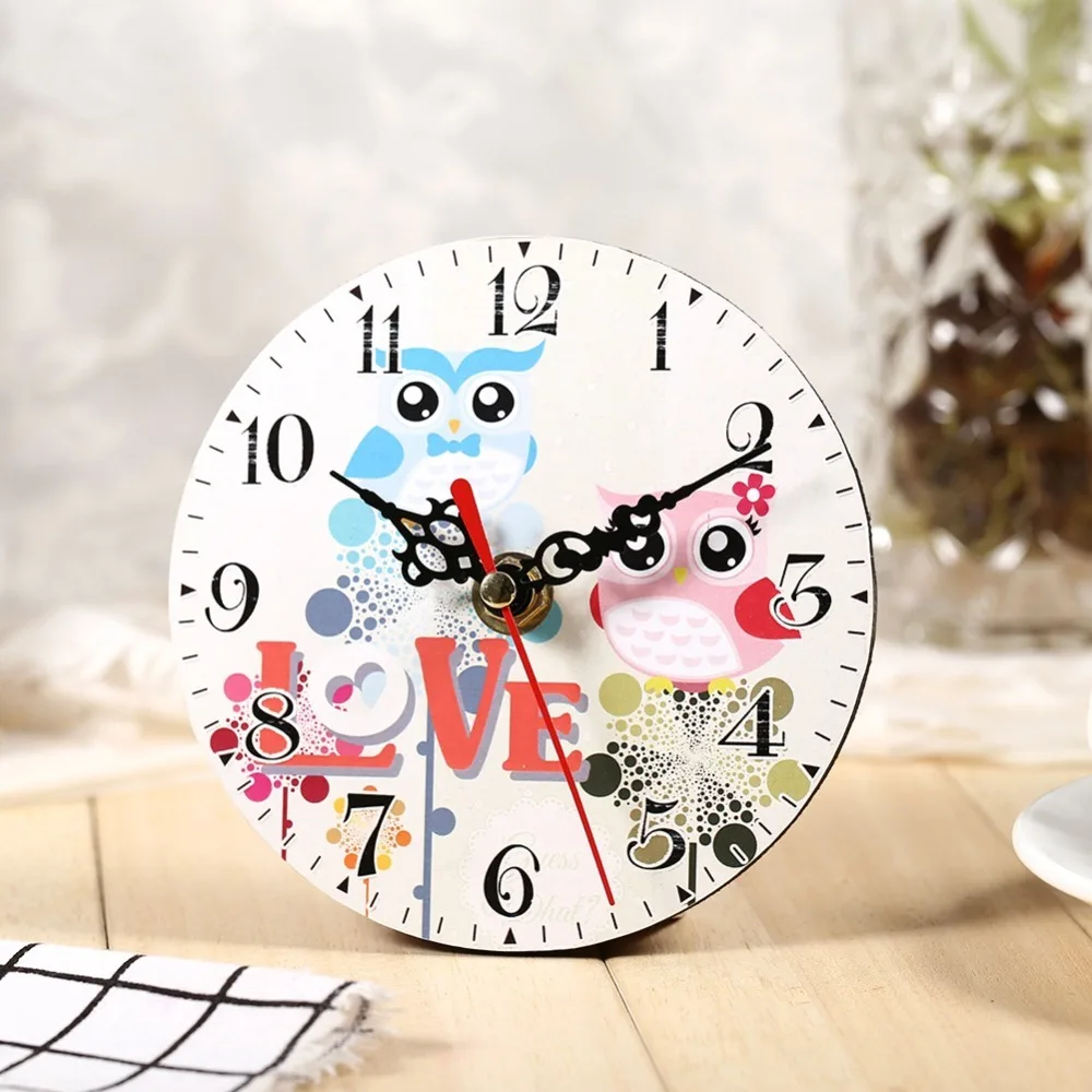 Wooden Wooden Wall Clock 4.72in Oil Painting Design Owl Pattern Clock Dual Use Cartoon Owl Pattern Rustic Clock Home Decoration