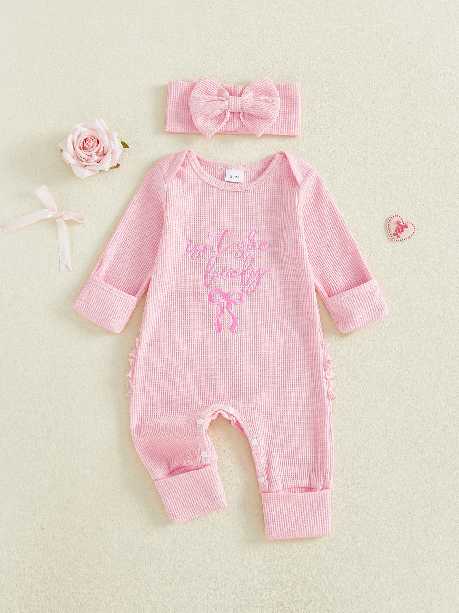 طقم رومبير رائع للفتيات الصغيرات مكون من قطعتين أنيق بأكمام طويلة ورقبة دائرية وطبعة زهور مع فيونكة عصابة رأس متطابقة #1