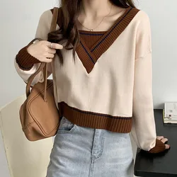 Fashion V-Neck Knitted Spliced Casual Color Sweater Women Clothing 2022 Autumn New All-match Pullovers Loose Korean Tops