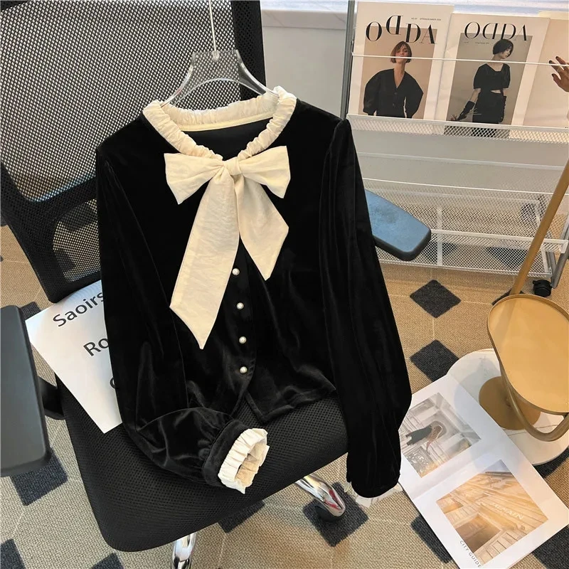 

Hebe Knot Belted Velvet irt Women's Autumn Winter Ele Single Button ort Bla Top Ladylike Commute Sle