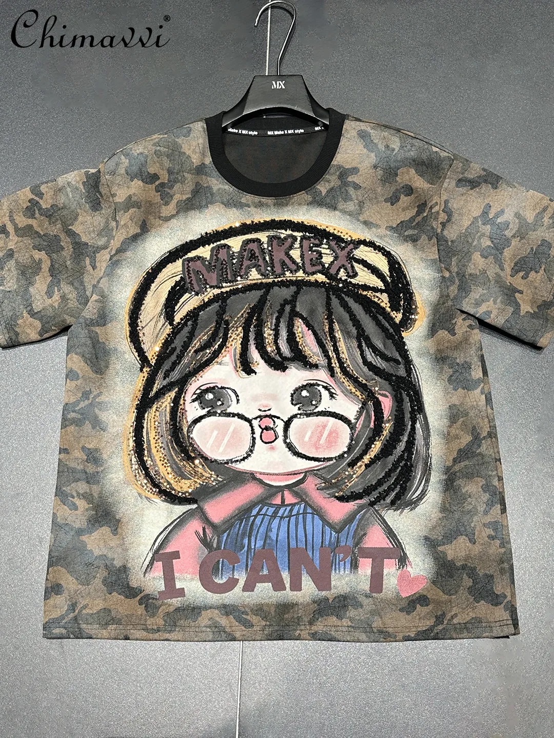 

2026 New Spring Heavy Sweet Cool Cartoon Print Sequin Little Girl Short Sleeve T-Shirt Loose Casual Womens Mid-Length Tops