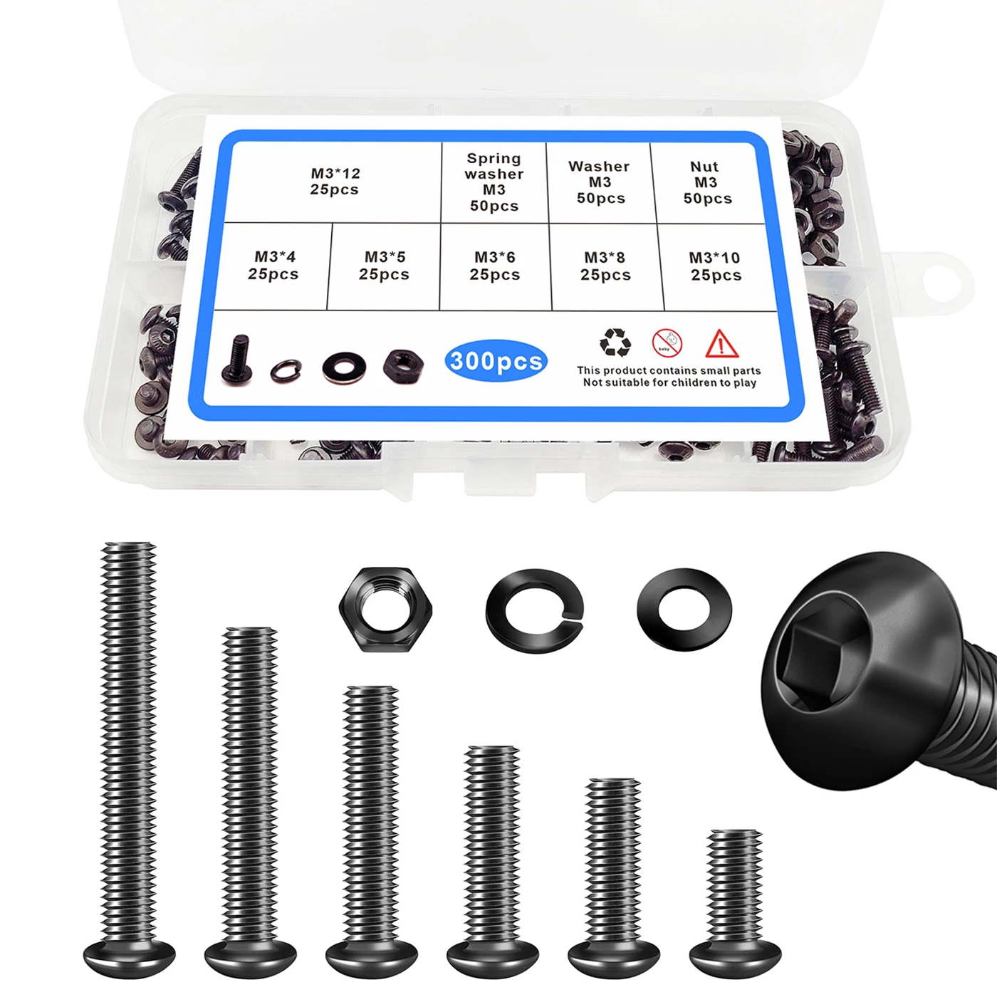 M3 Flat Head Machine Screws and Hex Nuts Kit 300PCS Carbon Steel Countersunk Head Phillips Screws Bolts Nuts Assortment Kit