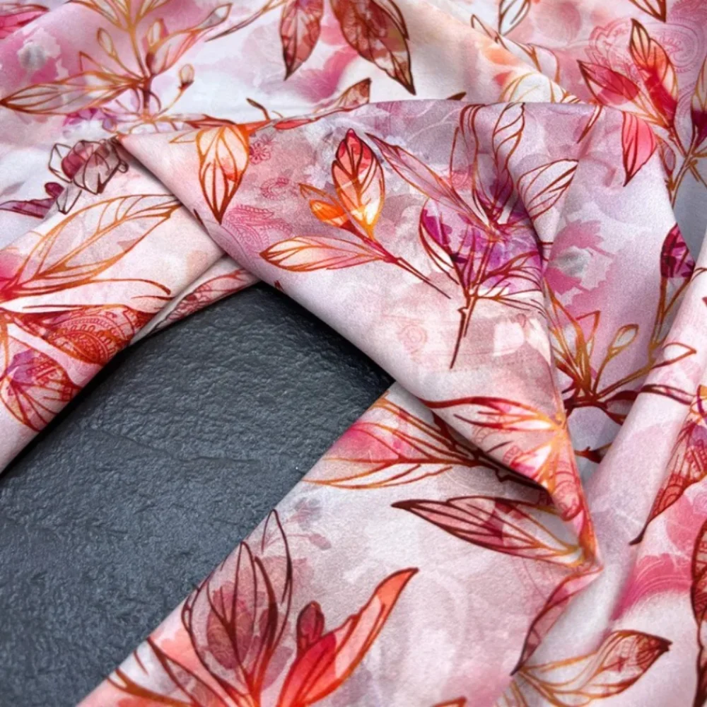 Silk Stretch Crepe De Chine Pink Fabric Printed Maple Leaf Spring Summer Shirt Dress Fashion Apparel Sewing Fabrics by the Meter