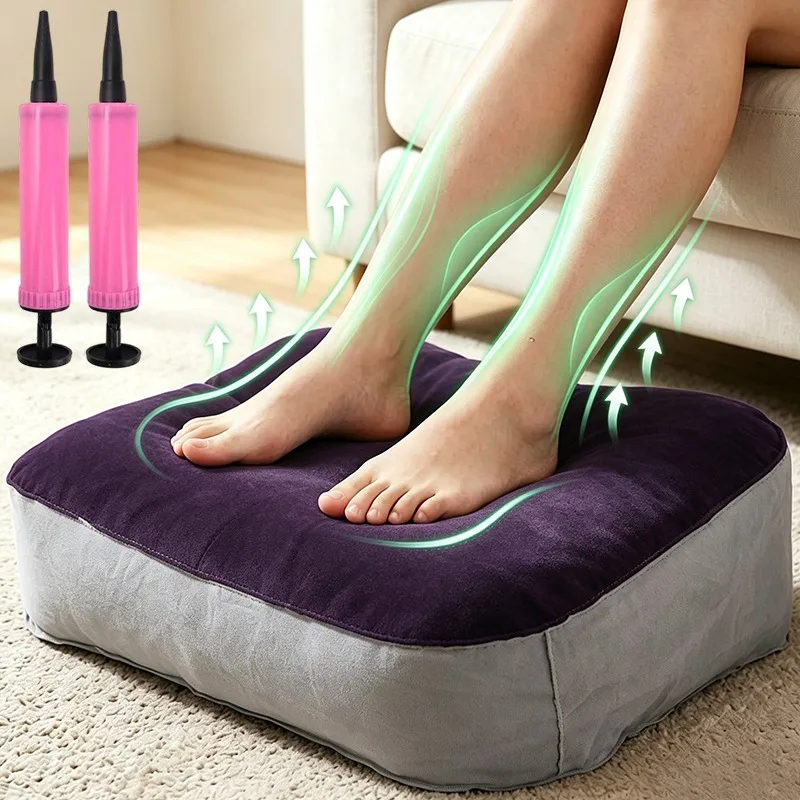 Travel Foot Rest Inflatable Footrest Portable Leg Support Cushion Soft Flocked PVC Air Pillow for Airplane Train Camping Office