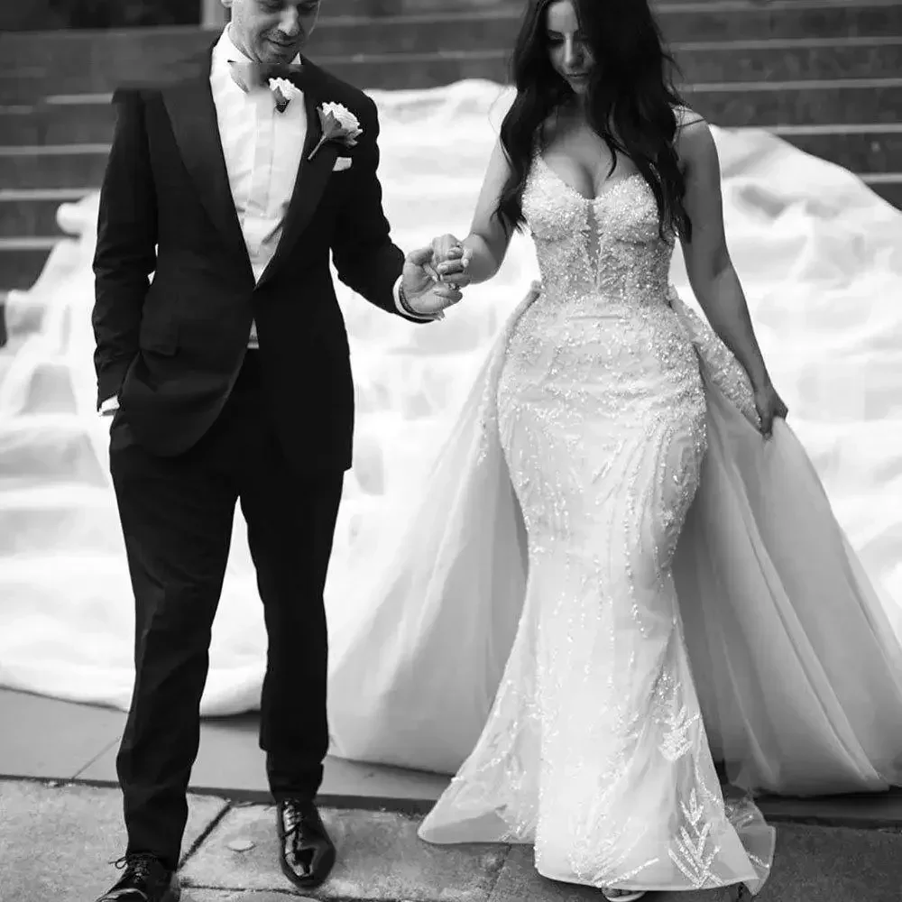 Customized  Shinny Beads Sequins Mermaid Wedding Dress  Robe De Marriage With Cathedral Train Spaghetti Strap Bridal Gown