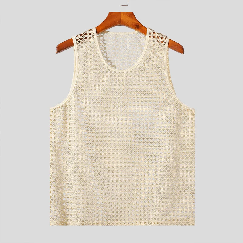 Cross-border Summer European and American Cutout Fitness Sleeveless T-shirt, Muscular Men's Mesh See-through Sexy Knitted Vest