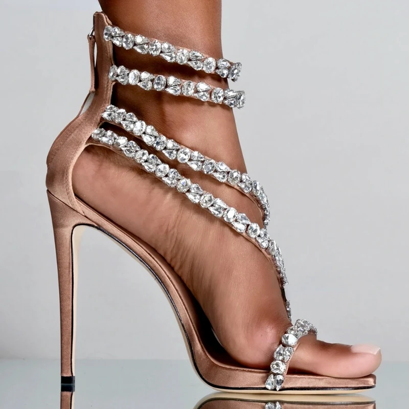 Crystal Chain Oblique Strap High Heel Sandals Beaded Party Wedding Large Rhinestone Spliced Thin High Heel Shoes Big Size 35-43