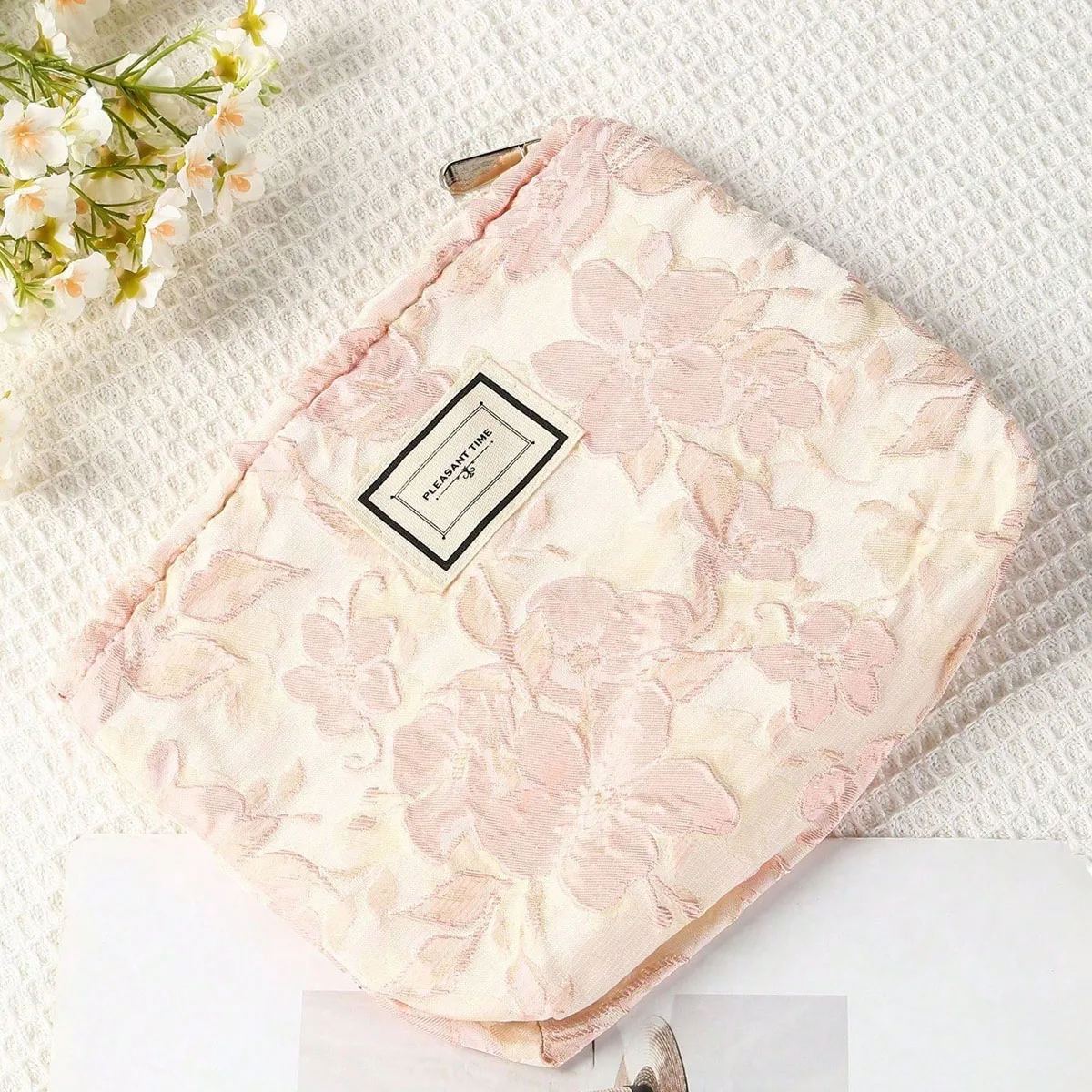 Jacquard Pink Flower Heart Cosmetic Bag Canvas Pouch Women Portable Clutch Makeup Case Mask Organizer Travel Wash Bag