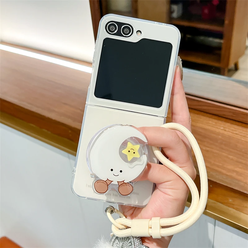 Cute Star Moon Magnetic Stand Phone Case For Samsung Galaxy Z Flip 6 5 4 3 Cover with  Hand Strap Kawaii Hard Cases Flip5 Flip6