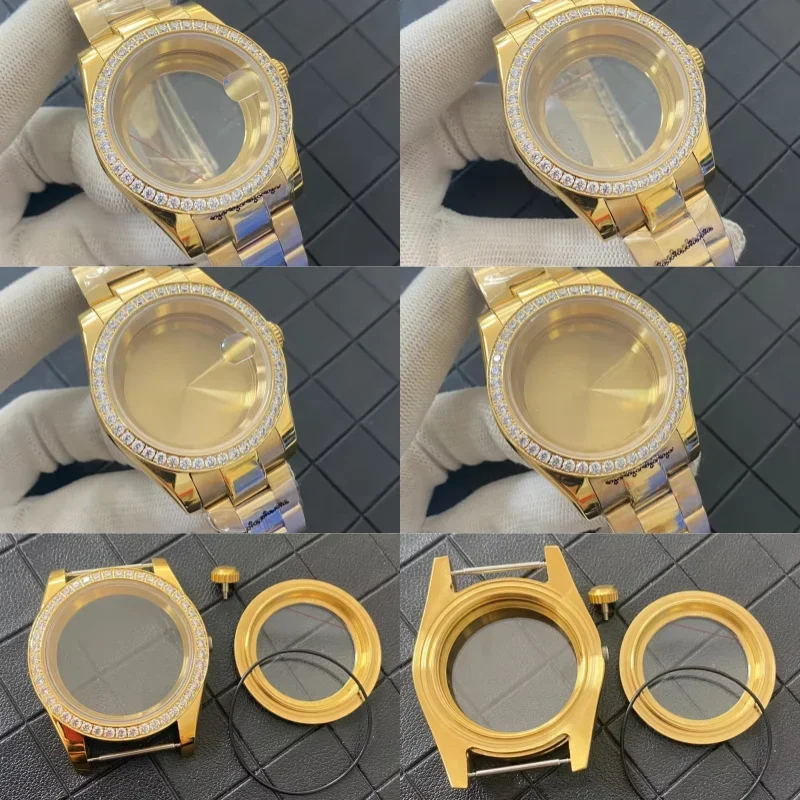 

Top 39mm Gold Watch Case NH35 Case with Strap Set Oyster Sapphire Glass Case with Stones for NH35/NH36/4R/7S Movement Watch Part